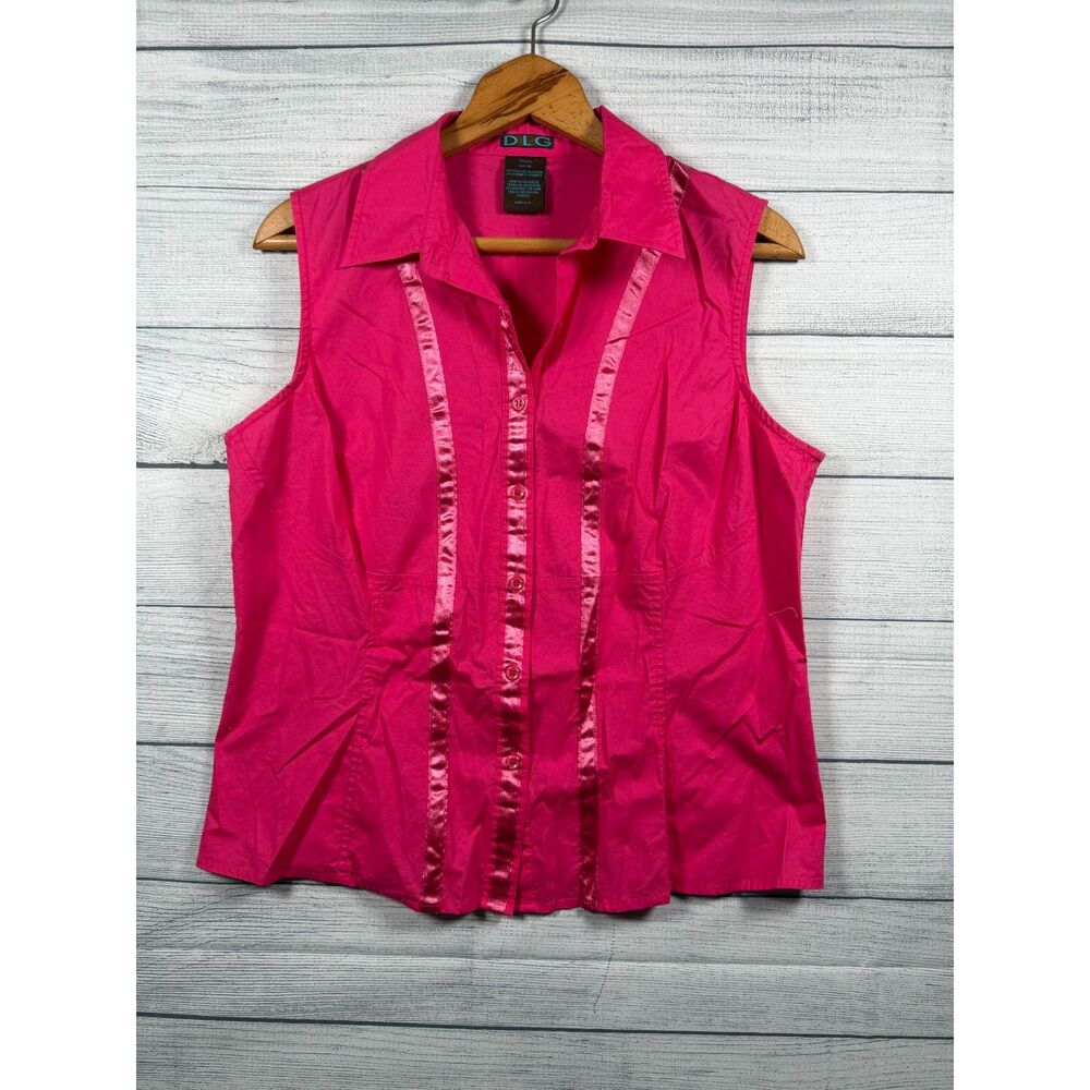 DLG Pink Blouse Womens 14 Fuchsia Satin Stripe Short Sleeve #1367